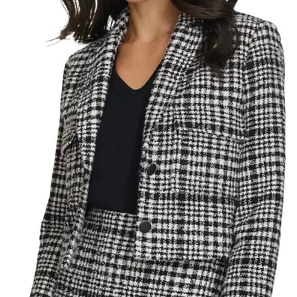 Calvin Klein Women’s Plaid Tweed Cropped Blazer Black Cream Size 8 - Picture 2 of 3